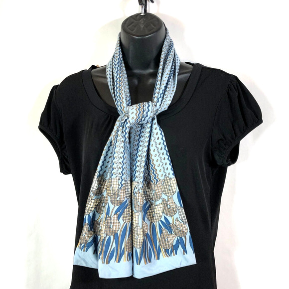 Blue Floral Long Scarf Retro Vintage Tan Flowers Double Sided Mod - Picture 1 of 6